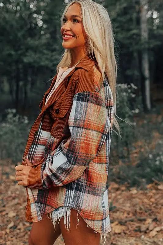 Plaid Corduroy Patchwork Chest Pocket Shacket - Love Salve
